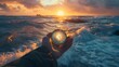 A hand holding a compass in front of a stormy sea at sunset