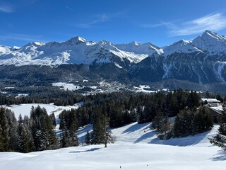 Wall Mural - A fairytale winter atmosphere and a magnificent panorama on the mountine tourist resorts of Valbella and Lenzerheide in the Swiss Alps - Canton of Grisons, Switzerland (Kanton Graubünden, Schweiz)