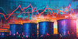 Oil storage tanks with financial charts, symbolizing market dynamics in the oil sector
