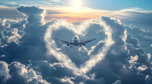 Banner International Civil Aviation Day, Airplane On The Background Of A Heart-shaped Cloud Of A Shining  Sun And Blue Clear Sky With Space For Text