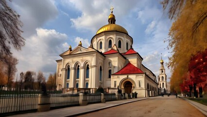 Sticker -  Elegant church with golden dome and red roofs under a blue sky