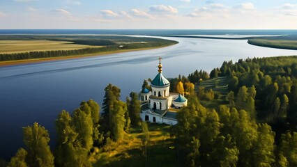 Sticker -  Tranquil lakeside church nestled amidst natures embrace