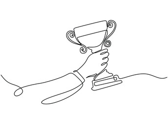 Wall Mural - Continuous one line drawing of hand hold trophy cup competition