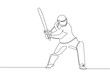 One single line drawing of young energetic cricket player