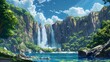 Captivating portrayal of a cascading waterfall atop a steep cliff in Japanese anime theme, against the canvas of fluffy clouds and azure skies
