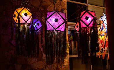 Traditional Atapattama Vesak lantern, Ocatagen shaped lantern symbolises eightfold path, Sri lankan vesak festival celebrations.