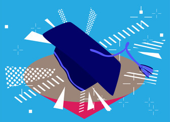 Wall Mural - Graduation cap geometrical graphic retro theme background. Minimal geometric elements. Vintage abstract shapes vector illustration.