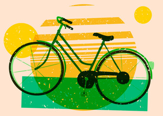 Poster - Risograph bicycle with speech bubble with geometric shapes. Objects in trendy riso graph print texture style design with geometry elements.