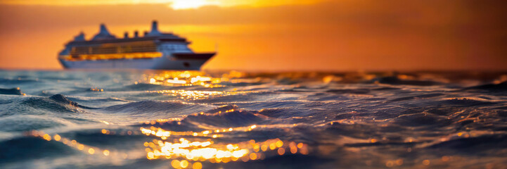 Wall Mural - Cruise ship in the sea at sunset. Panoramic image
Media type