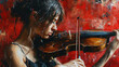 Female Classical Musician Violinist Playing a Violin Oil Painting on Red Color Background