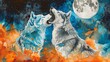 Two wolves, howling at the moon in a contrasting palette of cool blue and warm orange watercolors, depicting loyalty and friendship