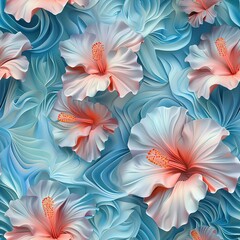 Wall Mural - A cascade of 3D hibiscus flowers, each petal waving softly. --tile --stylize 200 Job ID: 89525b77-df63-4dac-882a-af87d523aea8