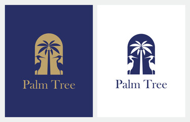pelican standing between palm trees gold logo design icon vector illustration