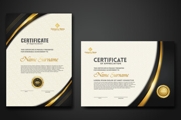 Luxury certificate template with glitter effect dan lines gold shine on frame background