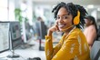 Call Center Woman Worker Smiling, Wearing Headset with Mic, White Office Background - Customer Support, Telecommunications, Friendly Service - Business, Technology