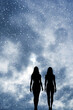 couple of women silhouette standing against a wintery backdrop