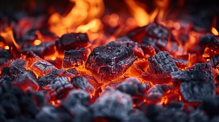 Glowing embers from a wood fire in a cozy home.