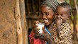 A snapshot of pure joy as a mother and child share a laugh while sipping milk, their bond evident in the warmth of their smiles.