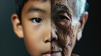 Wall Mural - The face is divided into two halves - half of an Asian boy and half of an old Asian man. Distinguishing childhood and old age, aging, maturation, longevity, lifespan, aging, gerontology.