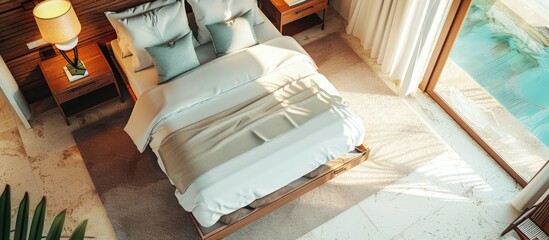 Poster - a cozy white bed with soft pillows in a peaceful bedroom