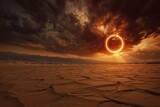 Fototapeta  - Annular Eclipse over Cracked Desert Terrain