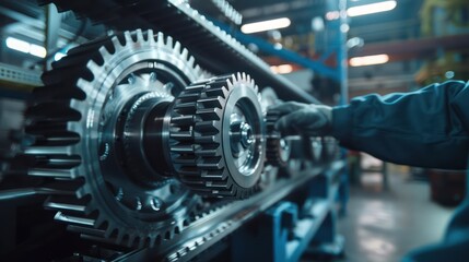 Wall Mural - A Portrait of Engineer inspects engine gear wheel, industrial background.