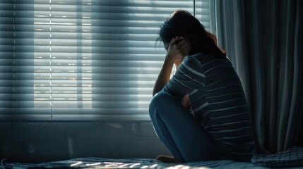 Wall Mural - A Domestic violence: Asian woman sitting depressed alone in bedroom Feeling sad and disappointed in love In a dark bedroom and sunlight from the window coming through the blinds.