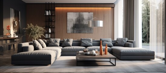 Poster - Large couch and coffee table in a comfortable living room