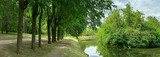 Fototapeta Las - footpath in summer green park along water canal on bright sunny day. panorama.
