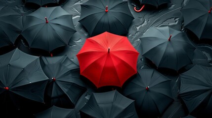  A red umbrella among a crowd of black umbrellas - Concept of success, of being special as a leader, with its own identity, having a difference, new ideas and special skills among the others