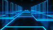 Neon blue pathways illuminate a matte black canvas, symbolizing the digital abyss.