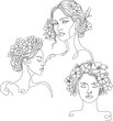 Line art woman with flowers on head. Floral feminine Illustration line drawing. Woman portrait with flowers on the head, line art style