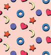 Pattern with heart star and circle. Crescent moon, circle, star and heart seamless pattern, neo brutalism style shapes.