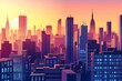 : A 3D vector representation of a bustling cityscape at dusk, with the setting sun casting a warm glow on the buildings.