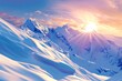 : A 3D vector representation of a snowy mountain range, with the sun's rays reflecting off the snow, creating a dazzling display of light.