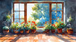 Daylight Duality: Panoramic Watercolor of Garden Through Indoor Lens