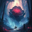 a man and a woman walking in a forest with a giant flower