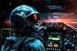 Pilot in a fighter jet cockpit viewing a sophisticated HUD with critical flight data, altitude and navigation overlays, intense focus
