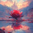 painting of a red rose in a lake with a city in the background