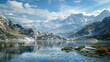 Image of river, mountain, beautiful sky. copy space for text.