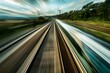 : A high-speed train rushing through a countryside landscape, with motion blur emphasizing its speed.
