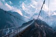 : A majestic suspension bridge, its steel cables stretching gracefully across a vast canyon, dwarfed by the snow-capped peaks in the distance. Convey the bridge's engineering marvel and its 