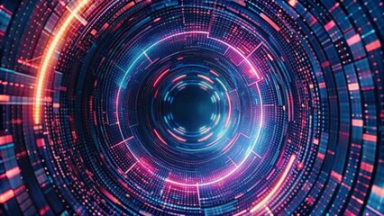 Abstract digital background with a futuristic glowing circular tunnel and binary code pattern