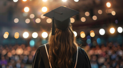 Valedictorian young student woman giving graduation speech to other graduated people from the year group while wearing traditional college regalia and gown