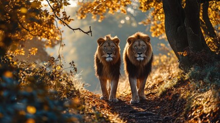 Wall Mural - Autumn Kings: Lions in the Forest