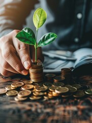 Wall Mural - A person is holding a plant in a pot with coins on top of it. The coins are arranged in a way that they resemble a stack of money. Concept of saving money and investing in something valuable