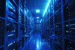 : A server room filled with racks of computers, bathed in cool blue light.