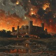 painting of a city with a fire in the sky and a river