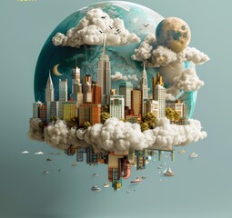 Wall Mural - A city is floating in the sky with a moon and clouds. The city is surrounded by water and boats