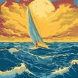 A sailboat is sailing in the ocean with a large moon in the background. The sky is cloudy and the water is choppy